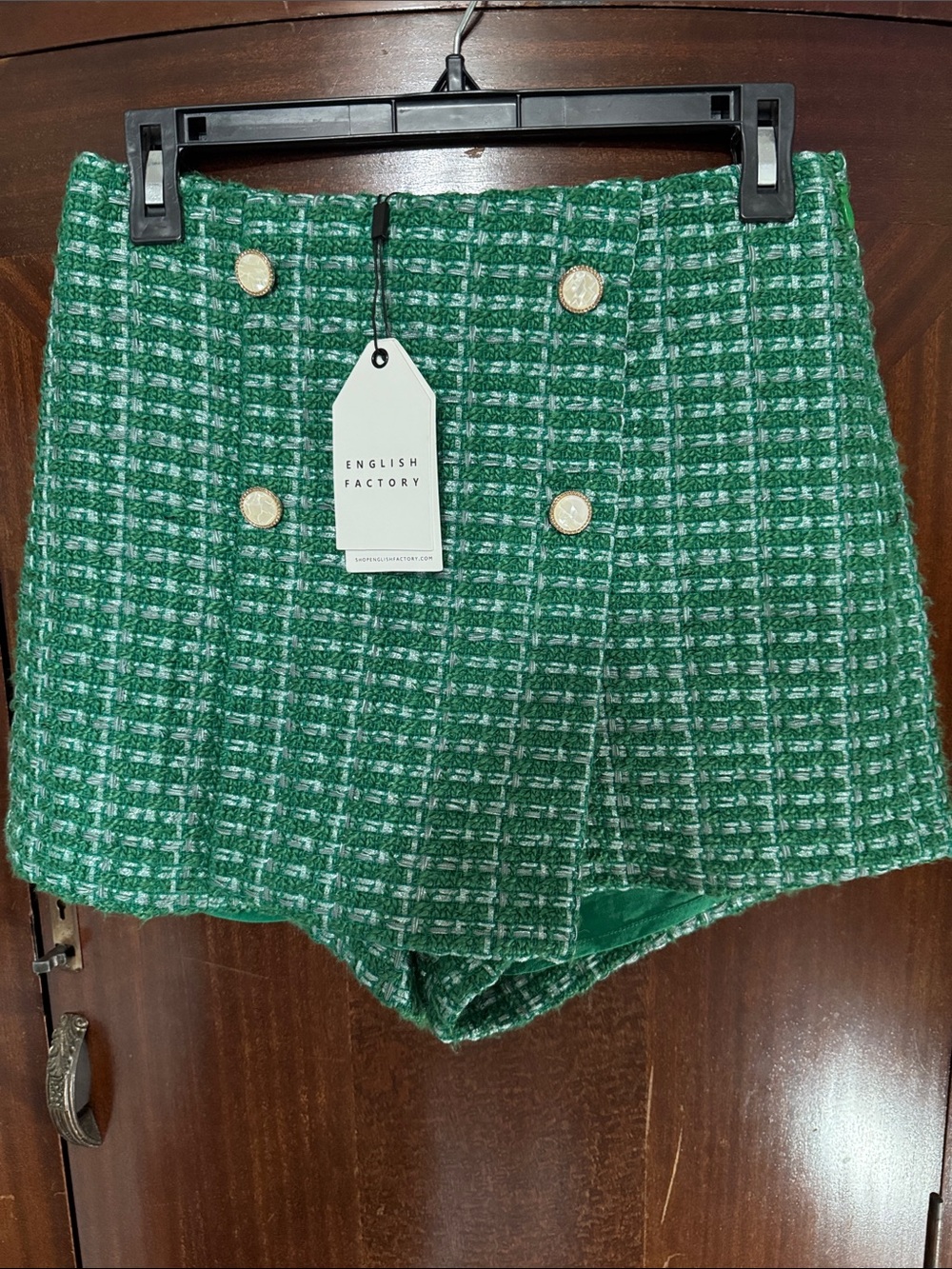NWT English Factory Green Tweed Double-Breasted High-Waist Skorts